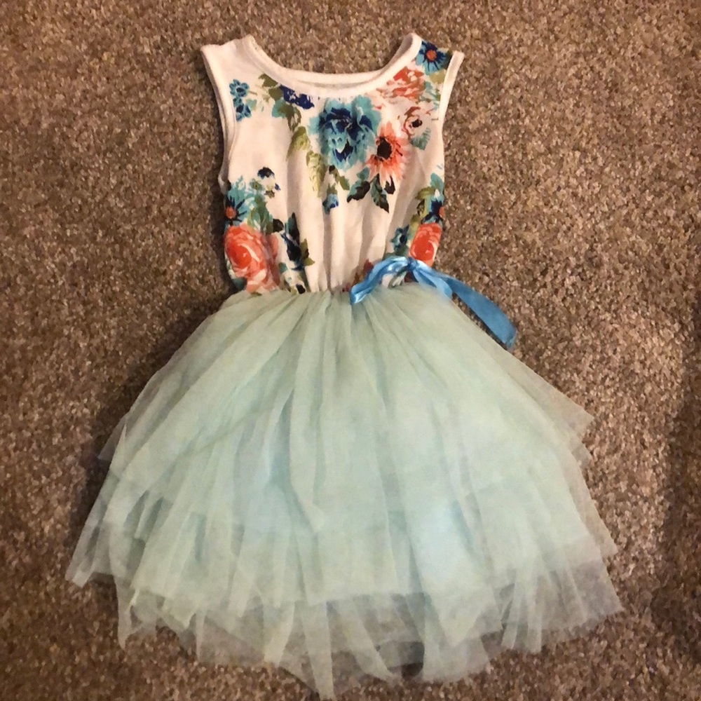 Floral dress with teal tulle.